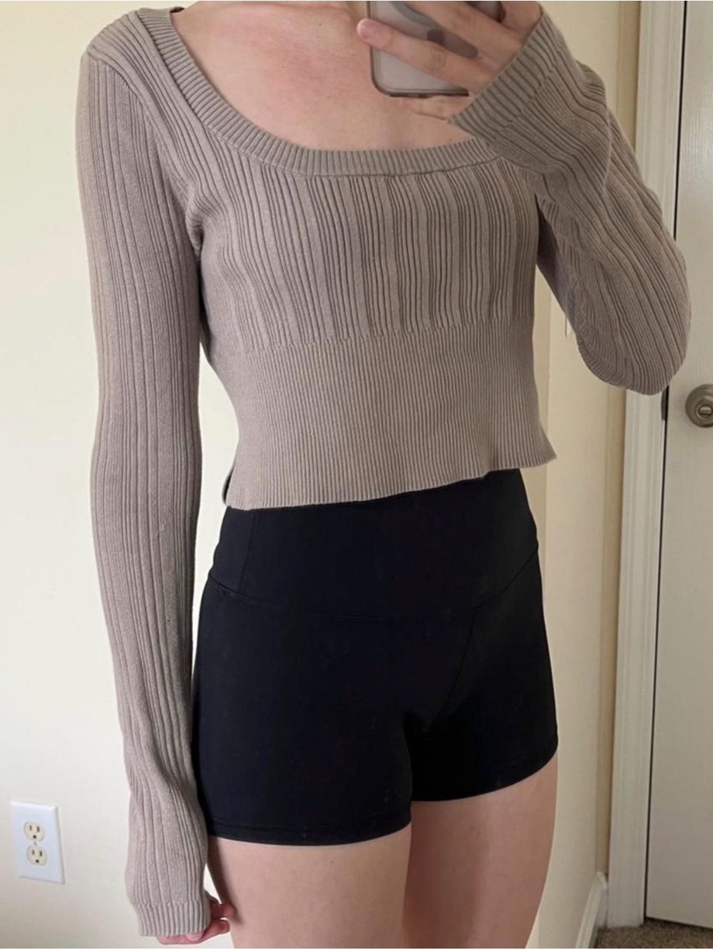 Ribbed Square-Neck Long Sleeve Sweater Crop Top